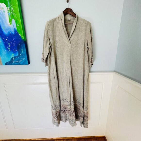 Poetry Embroidered Linen Lagenlook Maxi Dress Caftan Shawl Collar Size 12 - Picture 2 of 11